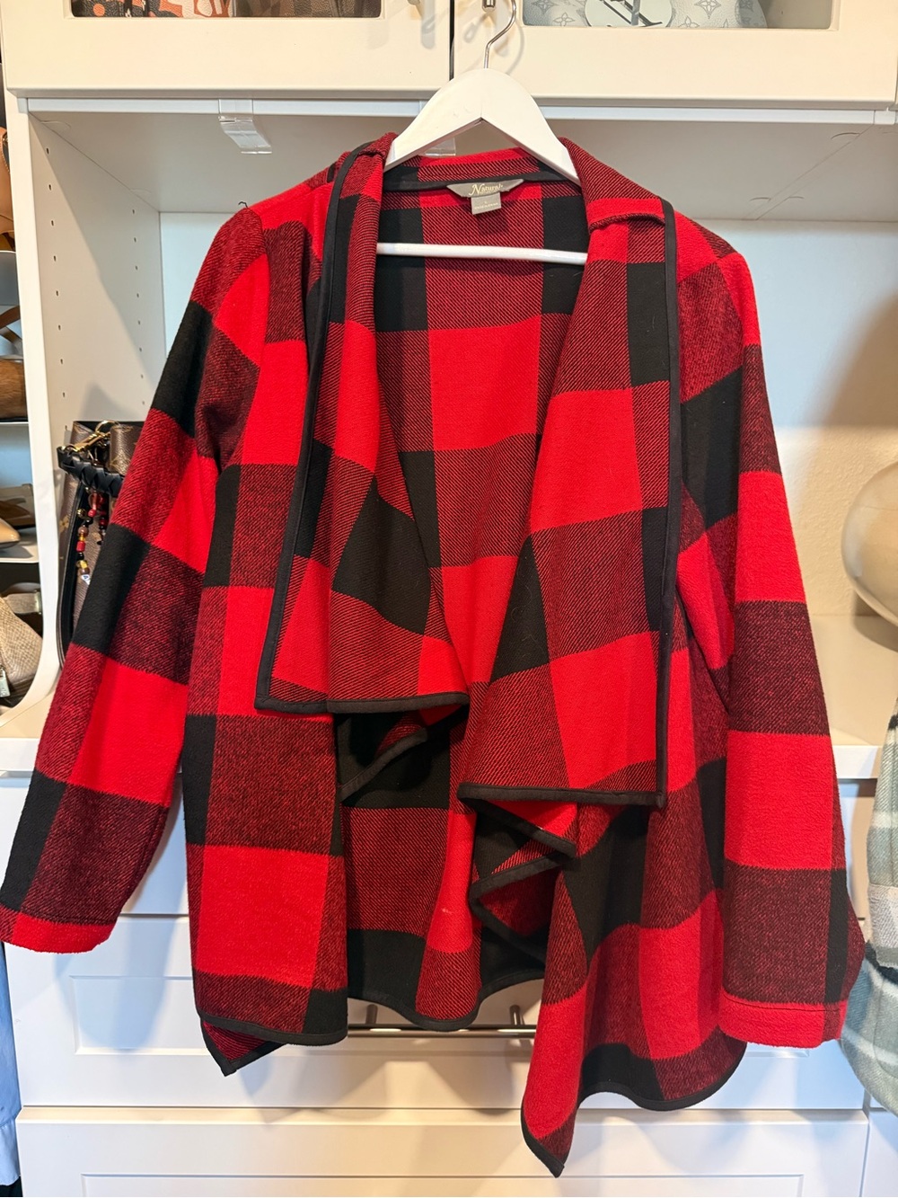 Natural Reflections Red and Black Buffalo Plaid Draped Open-Front Jacket